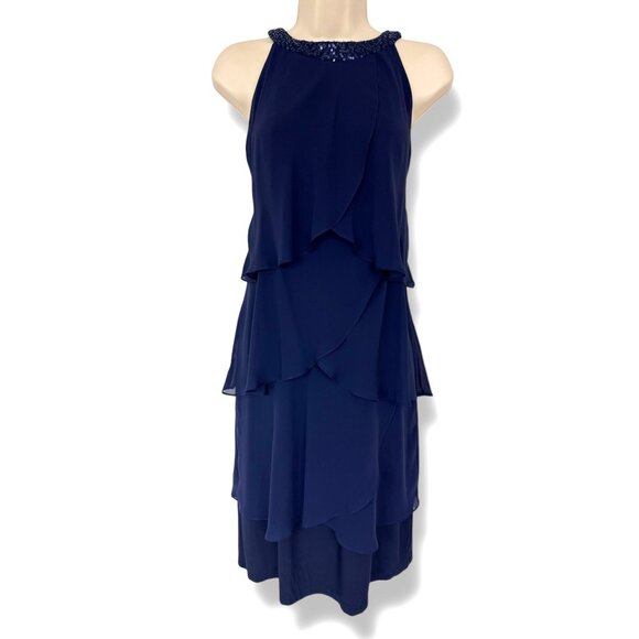 CHAPS New $120.00 Navy Blue Tiered Chiffon Embellished Dress Evening Wedding NWT - Picture 2 of 8